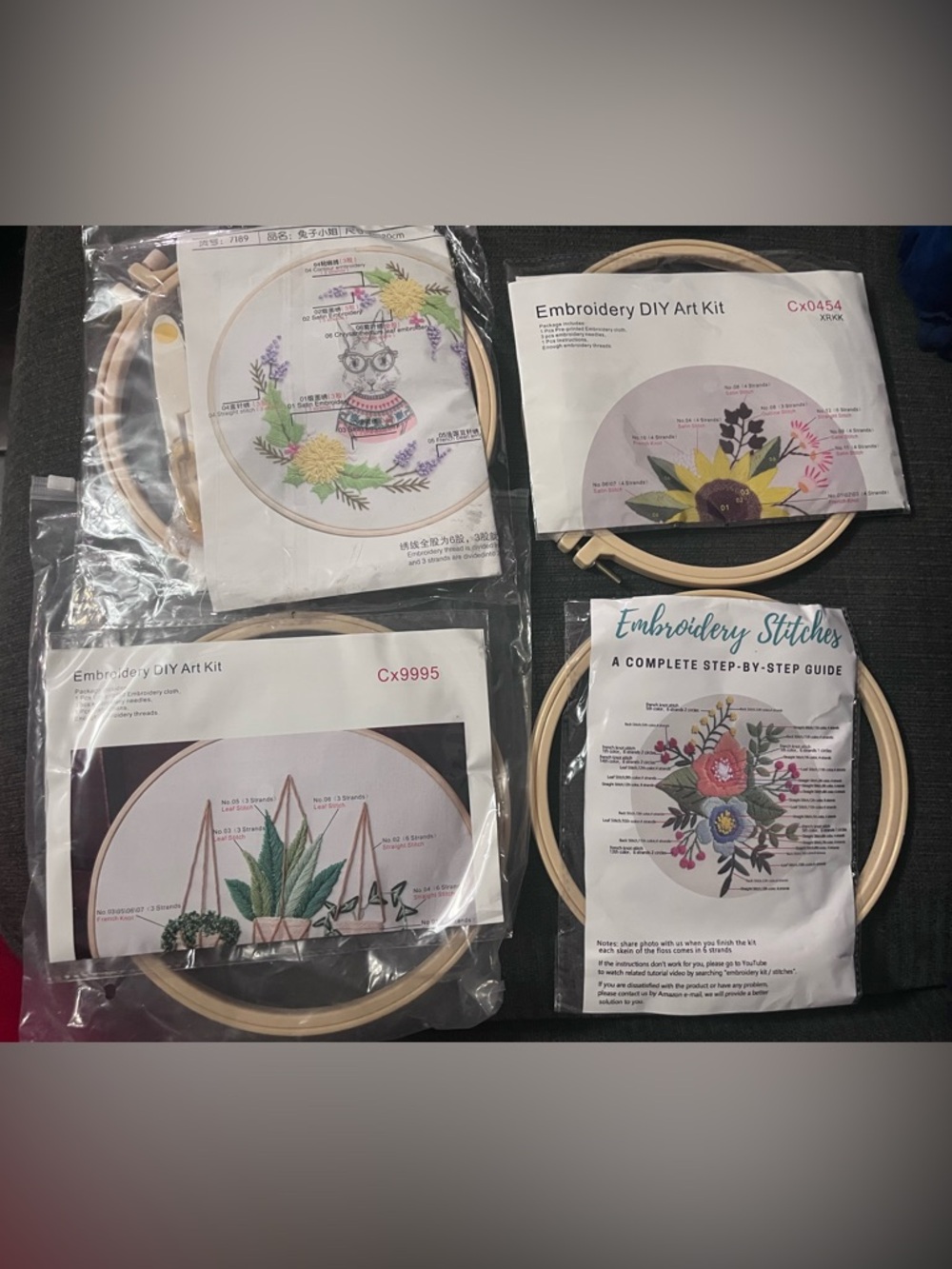 Embroidery DIY Art Kit Set - Floral & Animal Designs in Beige Hoops